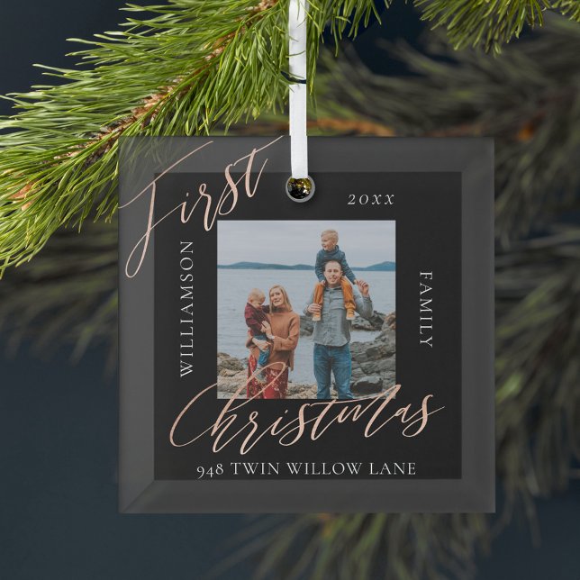 Rose Gold Calligraph Christmas New Home Photo Glass Ornament (Rose Gold Calligraph Christmas New Home Photo Glass Ornament)