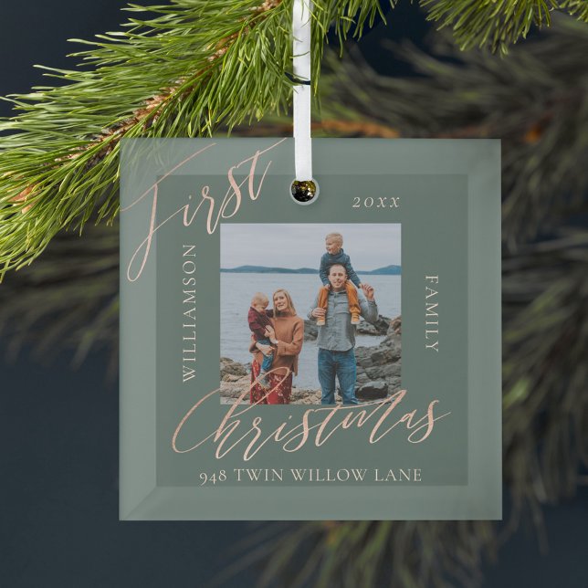 Rose Gold Calligraph Christmas New Home Photo Glass Ornament (Rose Gold Calligraph Christmas New Home Photo Glass Ornament)
