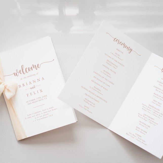 Rose Gold Calligraphy Folded Wedding Program (Creator Uploaded)