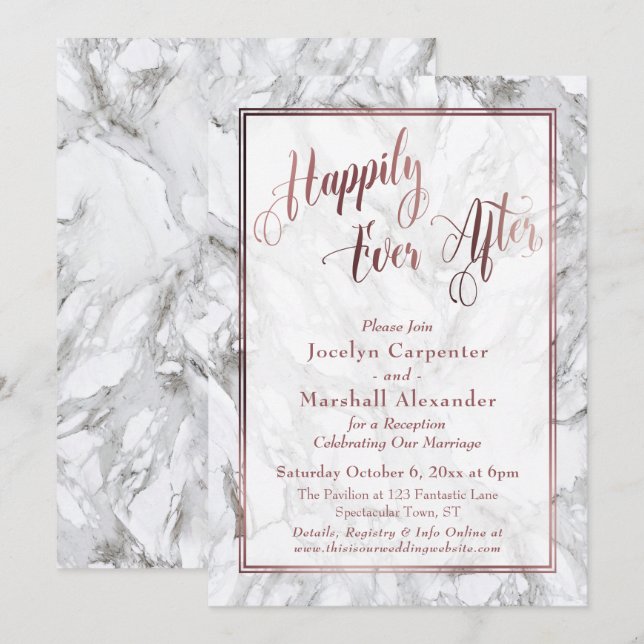 Rose Gold Calligraphy Happily Ever After Marble Invitation (Front/Back)