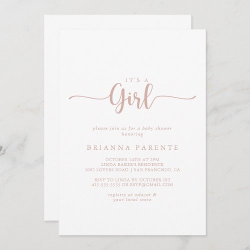 Rose Gold Calligraphy Its A Girl Baby Shower  Invitation