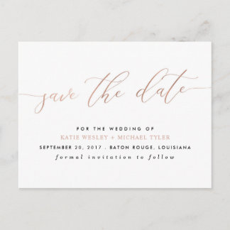 Rose Gold Calligraphy Modern Save the Date Announcement Postcard