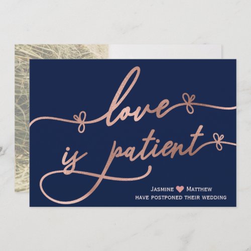 Rose Gold Calligraphy Navy Blue Postponed Wedding  Save The Date