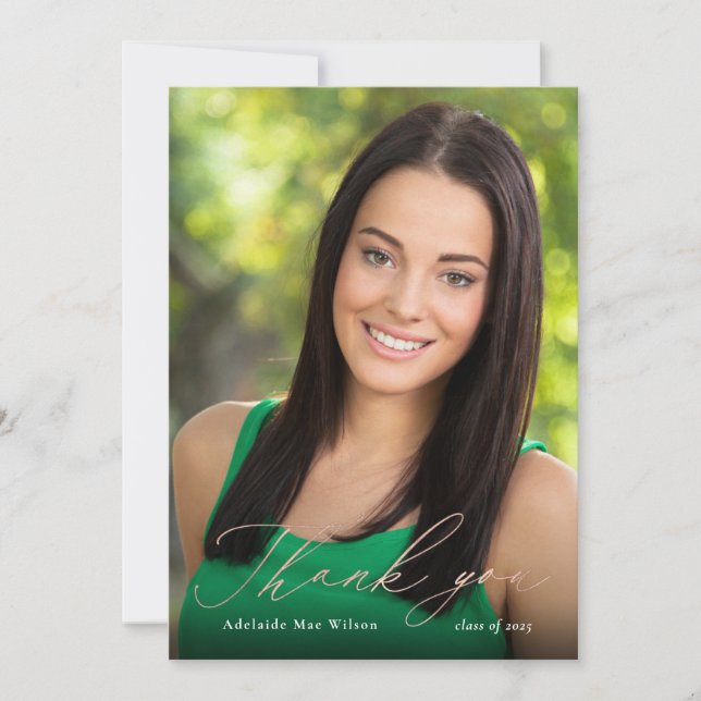 Rose Gold Calligraphy Photo Graduation Thank You Card (Front)