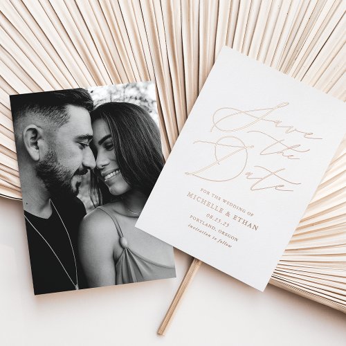 Rose Gold Calligraphy Photo Save the Date Foil Invitation