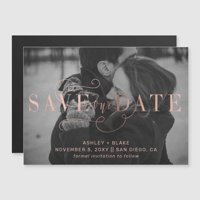 Rose Gold Calligraphy Photo Save the Date Magnetic Invitation (Front/Back)