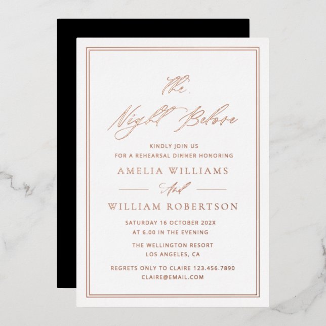  rose gold calligraphy rehearsal dinner foil invitation (Front/Back)