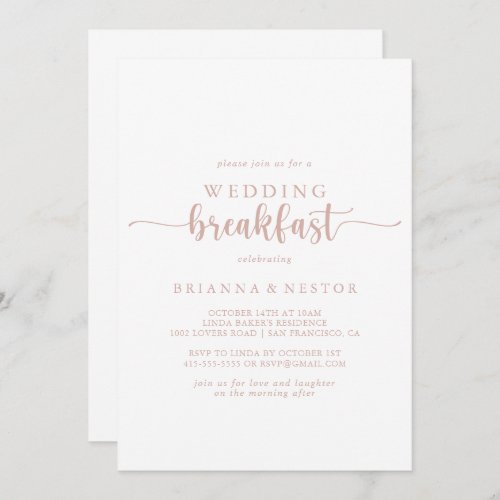 Rose Gold Calligraphy Wedding Breakfast  Invitation
