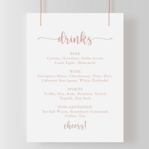 Rose Gold Calligraphy Wedding Drinks Menu Sign