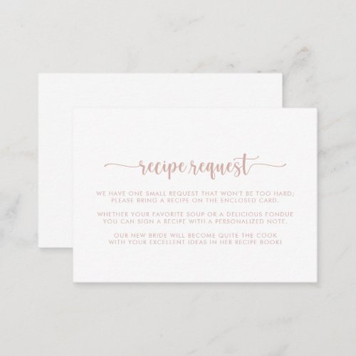 Rose Gold Calligraphy Wedding Recipe Request   Enclosure Card