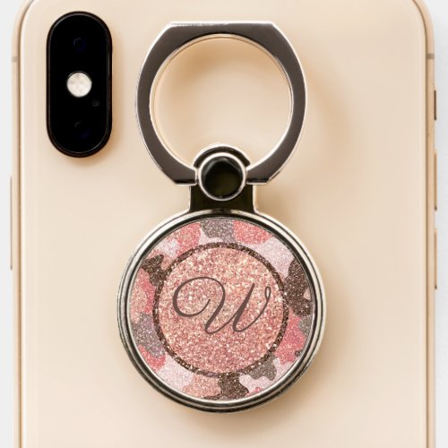 Rose Gold Camo Faux Glitter Camouflage Monogram Phone Ring Stand