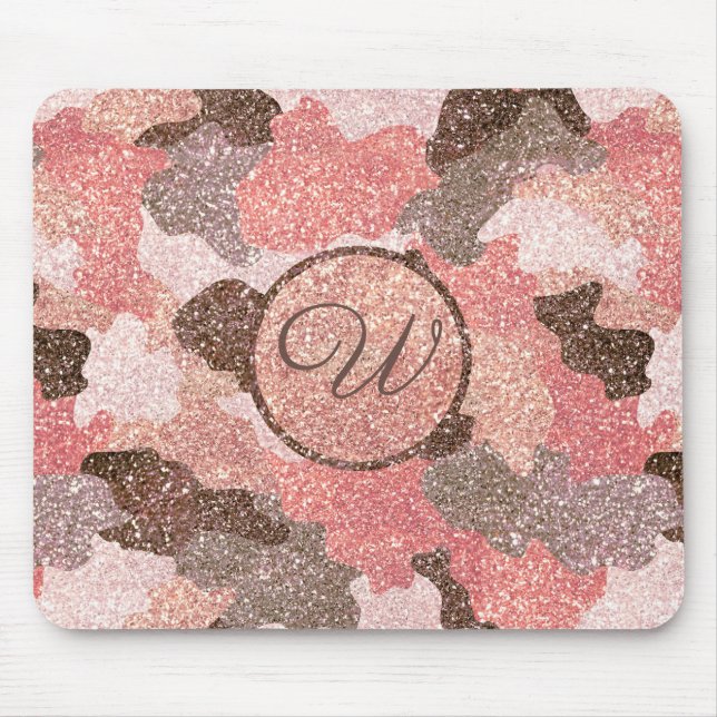 Rose Gold Camo Faux Glitter Camouflage Monogrammed Mouse Pad (Front)