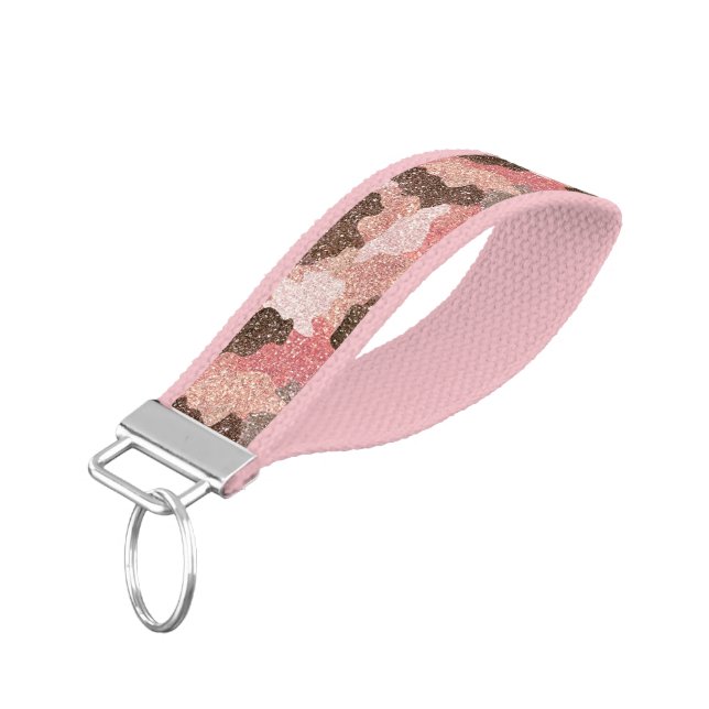 Rose Gold Camouflage Faux Glitter Camo Glam Wrist Keychain (Angled Down)