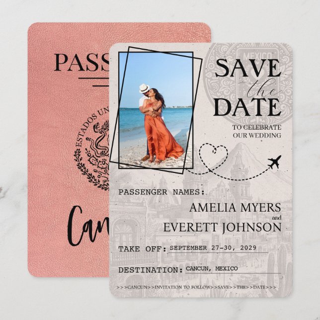 Rose Gold Cancun Passport Save The Date (Front/Back)