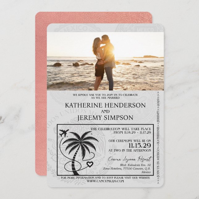 Rose Gold Cancun Passport Wedding Invitation (Front/Back)