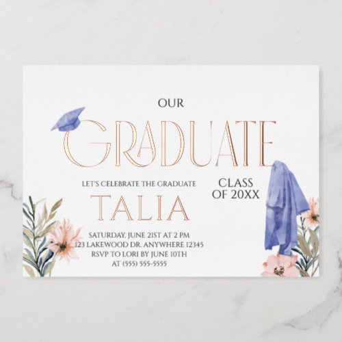 Rose Gold Cap and Gown Graduation Foil Invitation