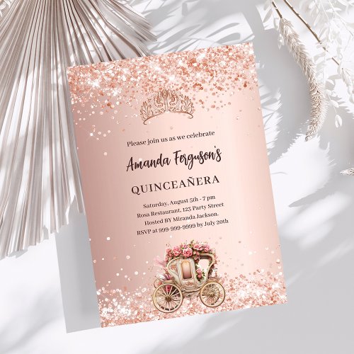 Rose gold carriage tiara glitter Quinceanera Invitation