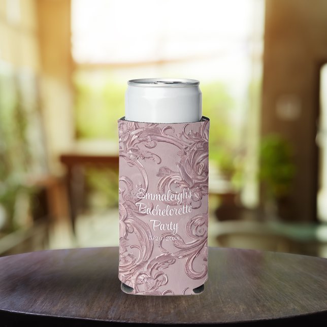 Rose Gold Carved Wood Bachelorette Party Favor Seltzer Can Cooler (Creator Uploaded)