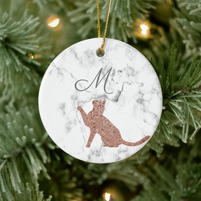 Rose gold cat silhouette - your monogram  ceramic ornament (Tree)