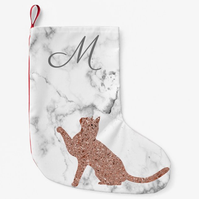 Rose gold cat silhouette - your monogram small christmas stocking (Front)
