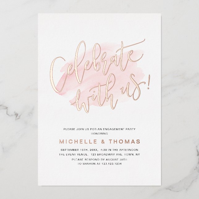 Rose Gold Celebrate With Us Script  Modern Simple Foil Invitation (Front)