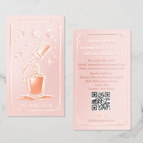 Rose Gold Celestial Tarot Nail artist Qr Foil Business Cards