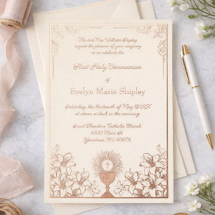 Rose Gold Chalice First Communion Elegance Foil Invitation