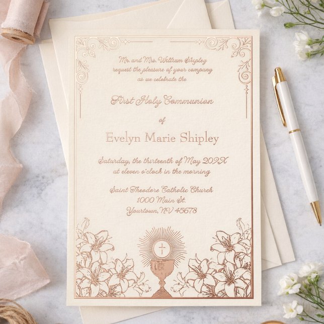 Rose Gold Chalice First Communion Elegance Foil Invitation (Creator Uploaded)
