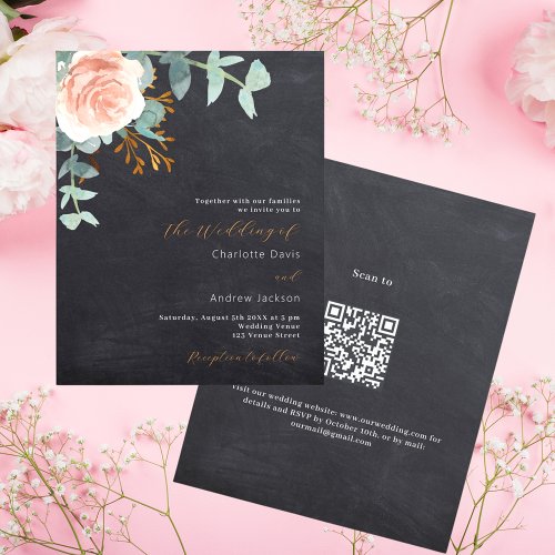 Rose gold chalkboard QR budget wedding invitation