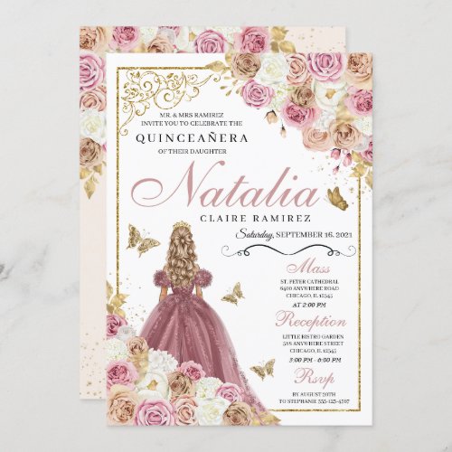 Rose Gold Champagne Butterfly Princess Quinceanera Invitation