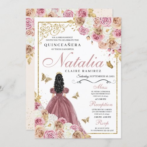 Rose Gold Champagne Butterfly Princess Quinceanera Invitation