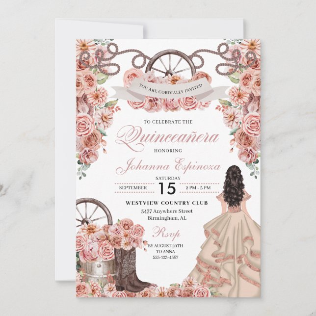 Rose Gold Champagne Western Ranchero Quinceanera Invitation (Front)