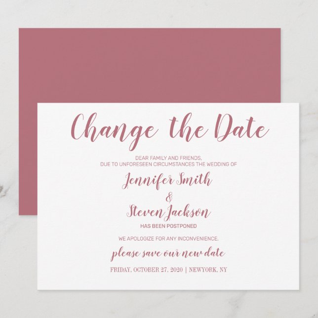 Rose Gold Change of Date Plans Postponed Wedding Invitation (Front/Back)