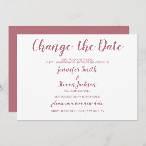 Rose Gold Change of Date Plans Postponed Wedding Invitation