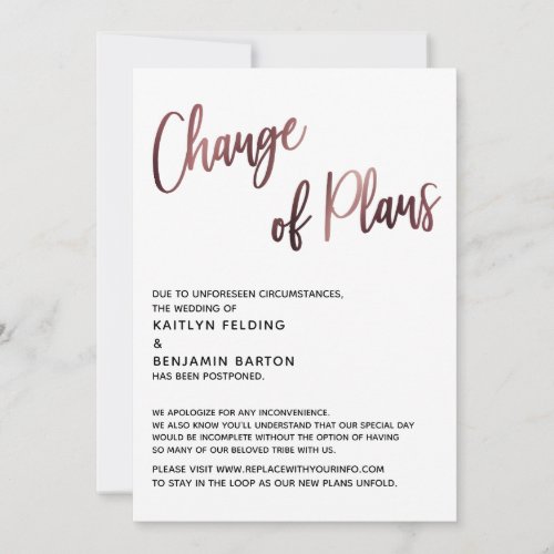 Rose Gold Change of Plans Postponed Wedding Card