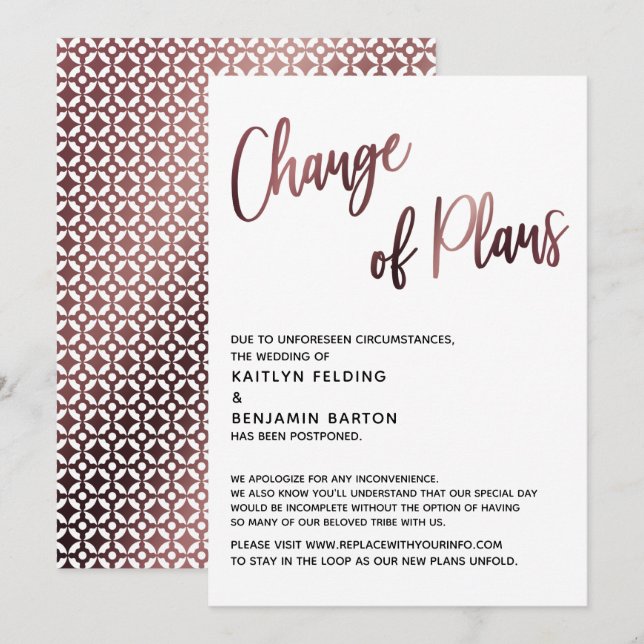 Rose Gold Change of Plans Postponed Wedding Card (Front/Back)