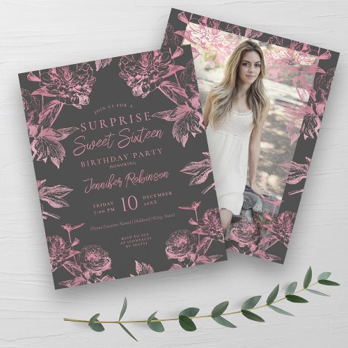 Rose Gold Charcoal Floral SURPRISE Sweet 16 Invite