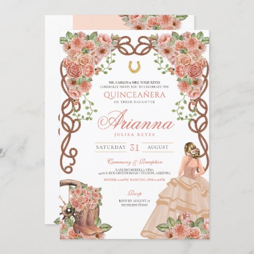 Rose Gold Charra Western Style Floral Quinceaera Invitation