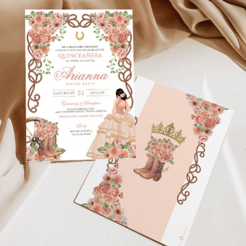 Rose Gold Charra Western Style Floral Quinceaera Invitation