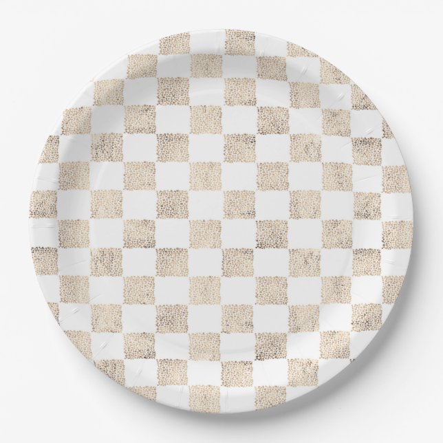 Rose gold checker board pattern paper plates (Front)