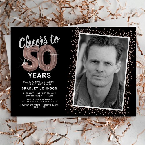 Rose Gold Cheers to 50th Birthday Photo Invitation