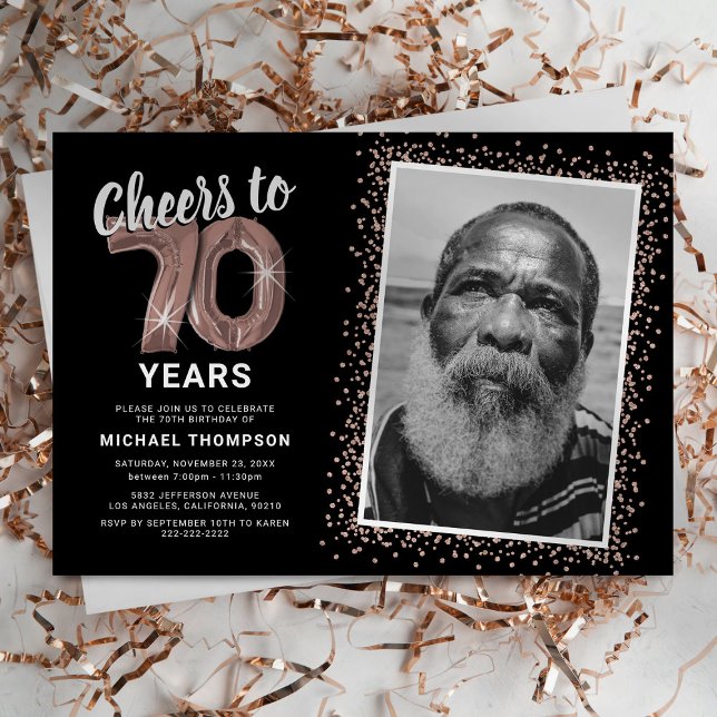 Rose Gold Cheers to 70th Birthday Photo Invitation (Creator Uploaded)