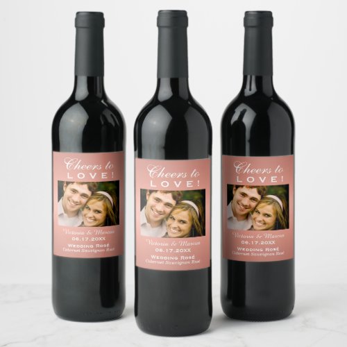 Rose Gold Cheers to Love Wedding Photo Bottle Wine Label