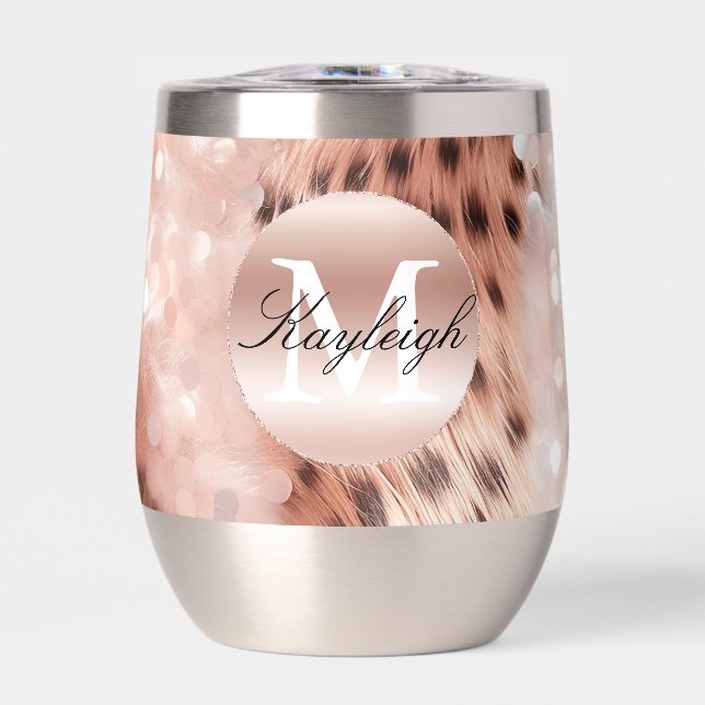 Rose Gold Cheetah Monogram Thermal Wine Tumbler (Front)