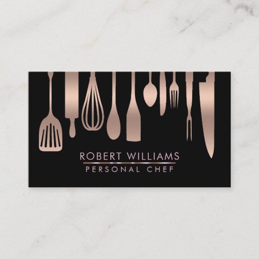 Customizable Rose Gold Chef Kitchen Tools Glitter Faux Catering Business Card
