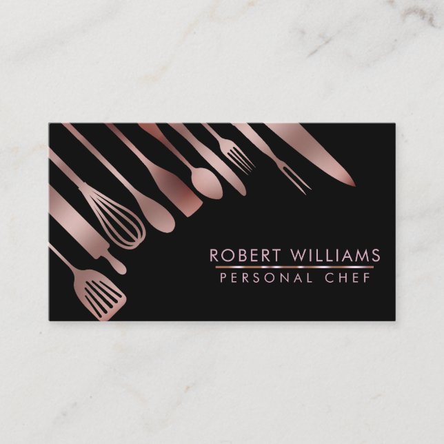 Rose Gold Chef Kitchen Tools Glitter Faux Catering Business Card (Front)