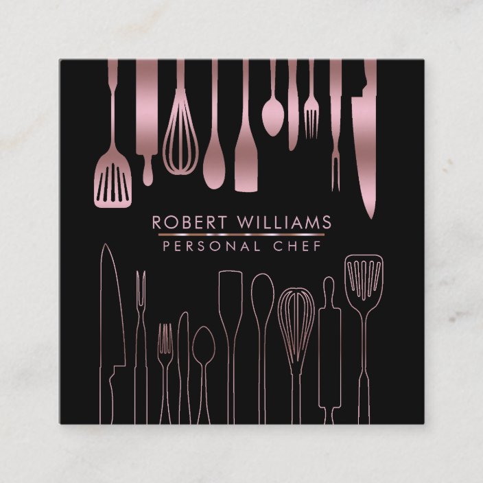 Rose Gold Chef Kitchen Tools Glitter Faux Catering Square Business Card
