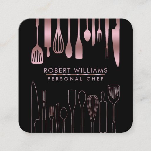 Customizable Rose Gold Chef Kitchen Utensil Tools Faux Catering Square Business Card
