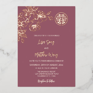 Rose Gold Cherry Blossom Chinese Wedding Foil Invitation