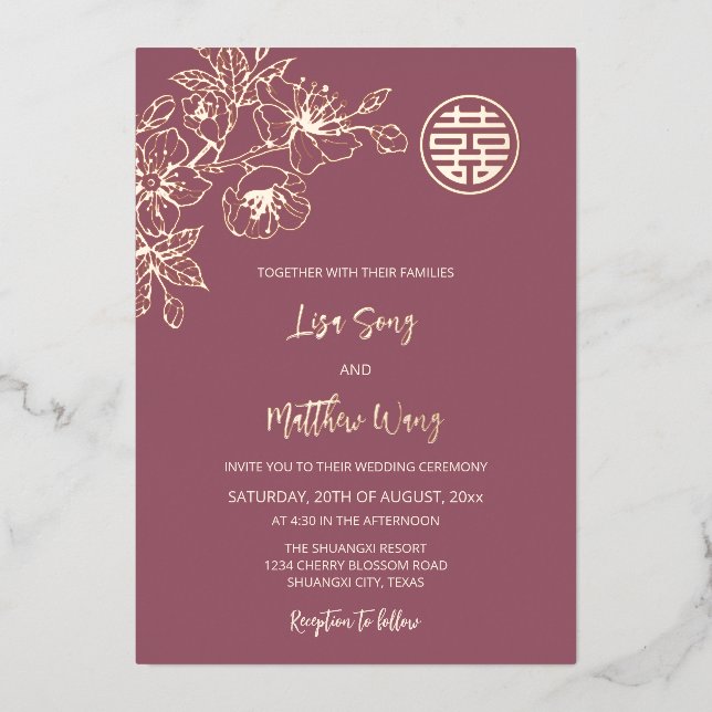 Rose Gold Cherry Blossom Chinese Wedding Foil Invitation (Front)